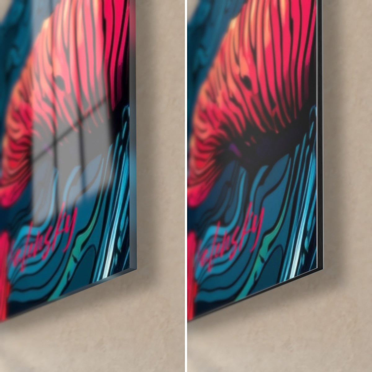 Cuadro con amapolas rojo carmesí y olas azul turquesa, esquina inferior derecha: cristal acrílico brillante que refleja la ventana, aluminio Dibond mate, canto de 3 mm