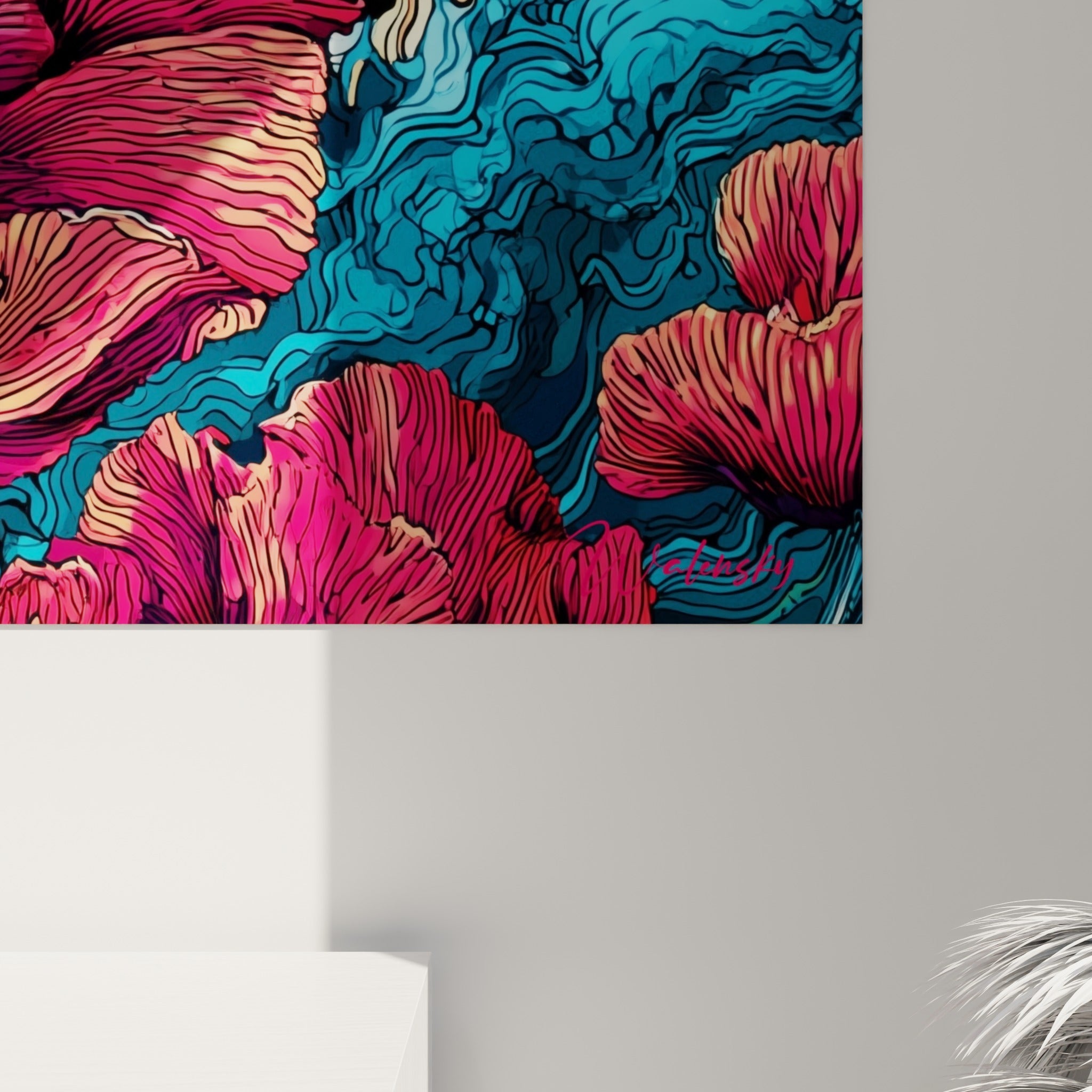 Détail des pétales roses et de la pièce dorée Bitcoin montrant le grain et les traits fins de l'illustration