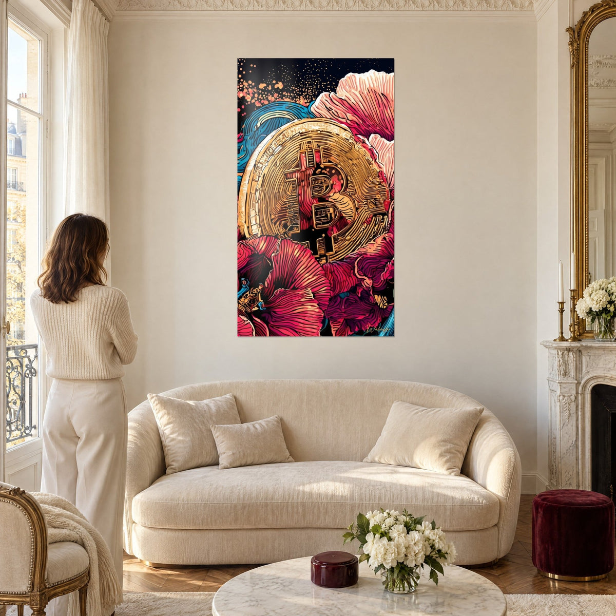 Tableau pièce dorée gravée d'un B entre pétales fuchsia et vagues bleues, femme de dos, au-dessus d'un canapé dans un salon lumineux