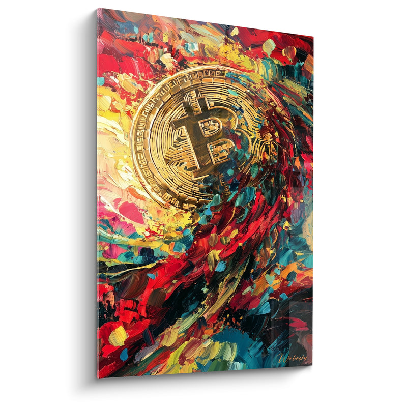 Tableau Pièce dorée aux tourbillons rouge et turquoise - Tourbillon doré - Edition Bitcoin