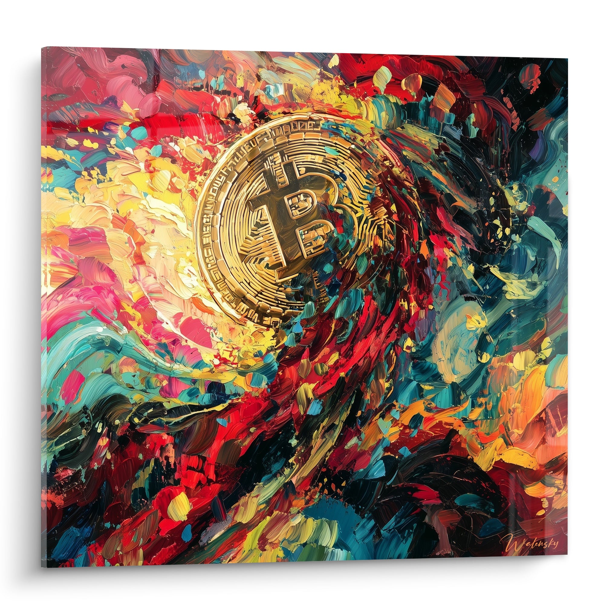 Pièce Bitcoin dorée émergeant d'un tourbillon rouge, turquoise et jaune en matière épaisse