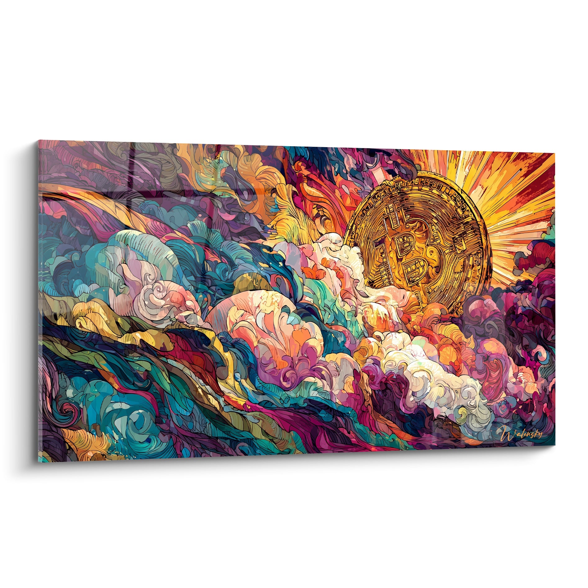 Pièce Bitcoin dorée gravée émergeant de vagues turquoise et pourpre stylisées en aquarelle graphique