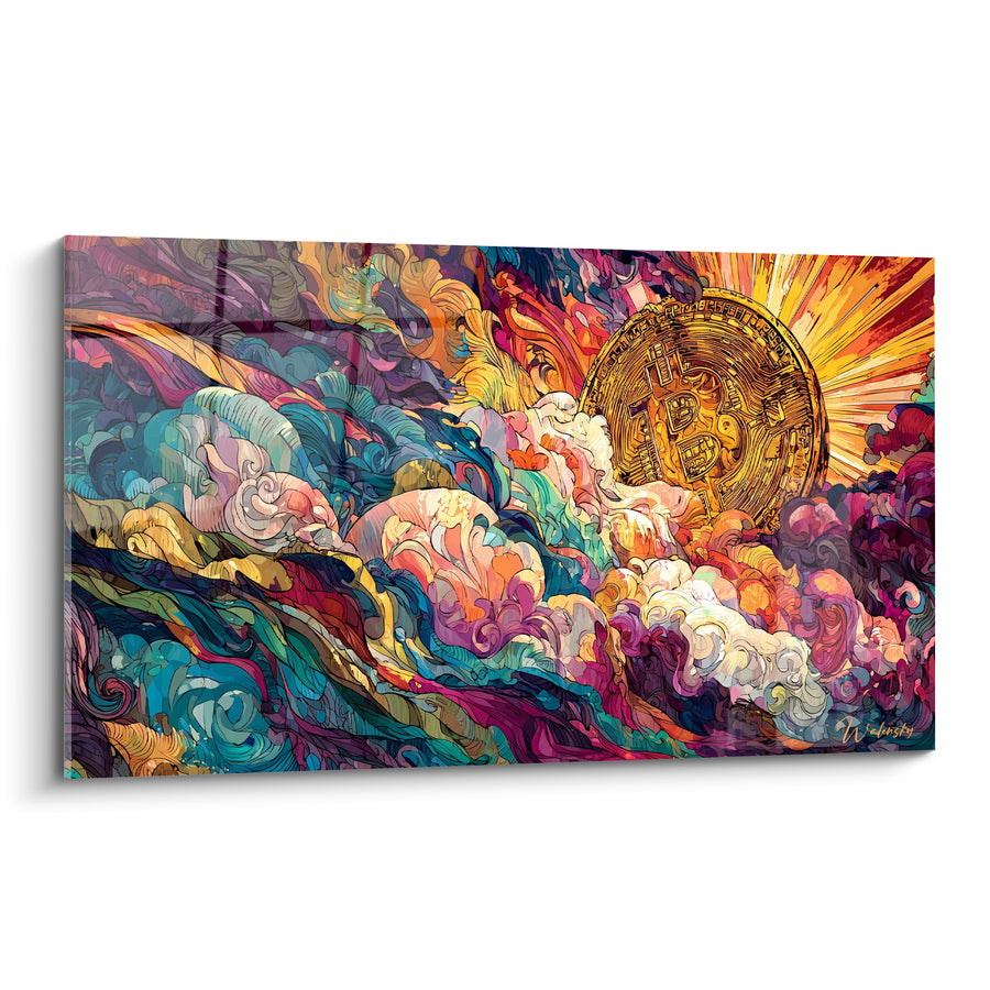 Golden Coin Painting Amidst Turquoise and Purple Waves - Triumphant Rise - Bitcoin Edition
