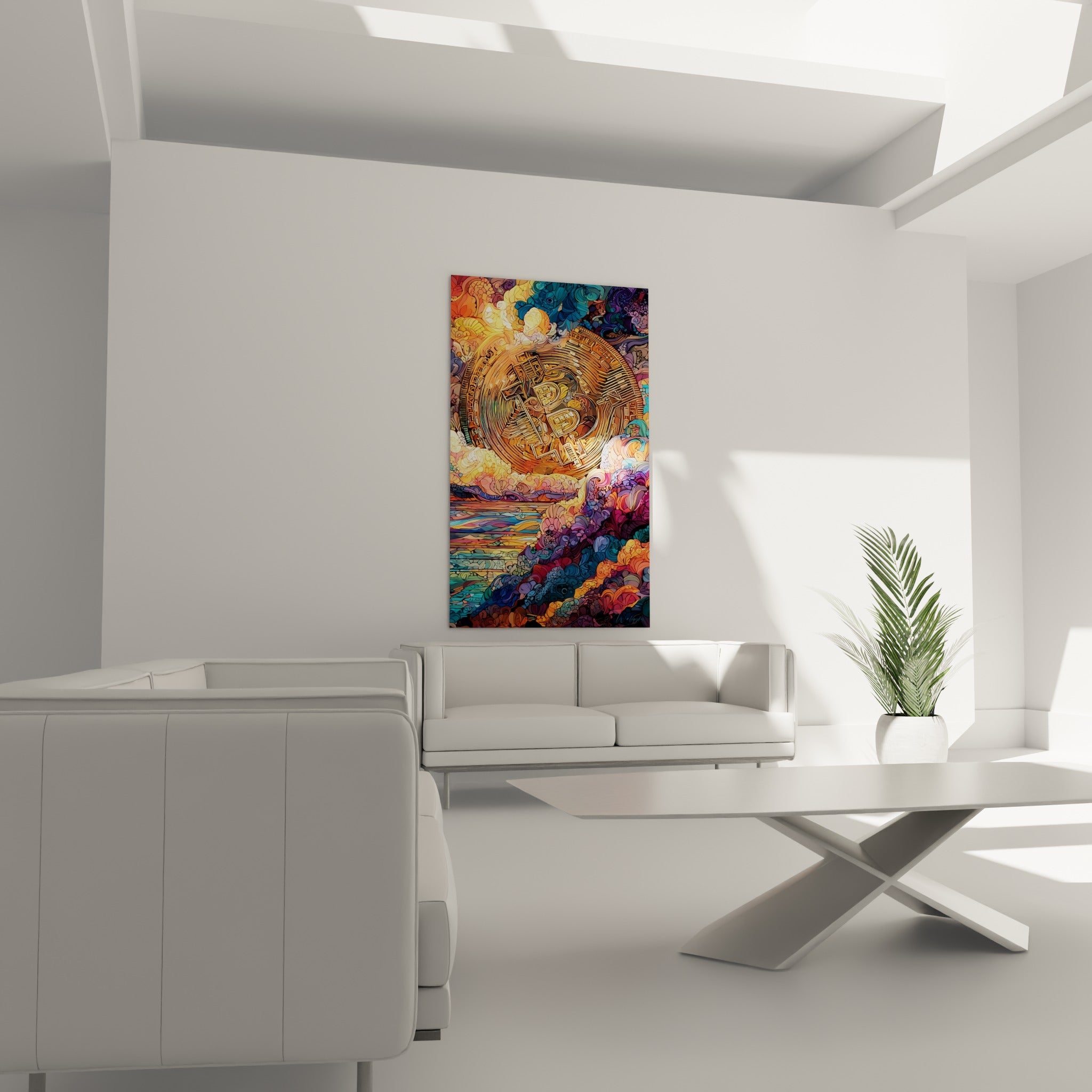 Pièce dorée cerclée de mosaïque orangée et anthracite au-dessus d'un canapé dans un salon lumineux