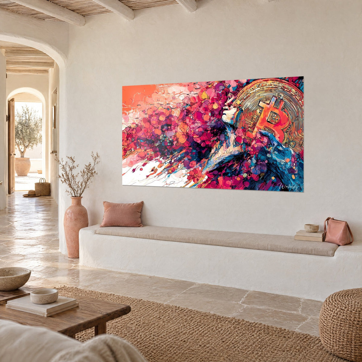 Tableau pièce Bitcoin cuivrée et visage de femme emporté par des bulles magenta et corail, mur crème d'une maison méditerranéenne