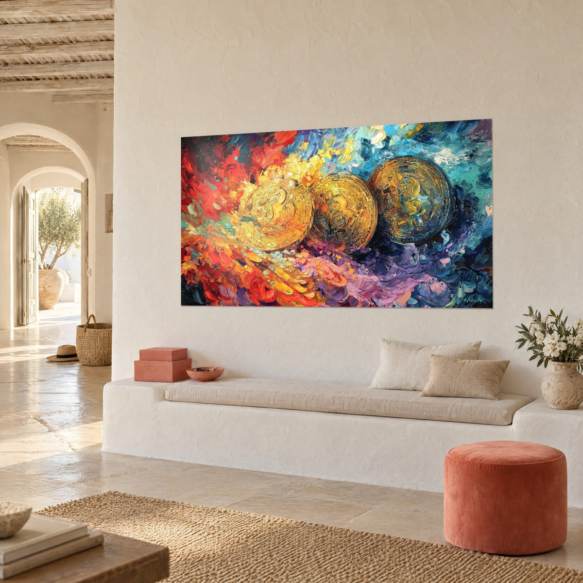 Tableau éruption monétaire en empâtements de peinture orange et turquoise, trois médailles d'or alignées, vue de biais dans un coin salon voûté