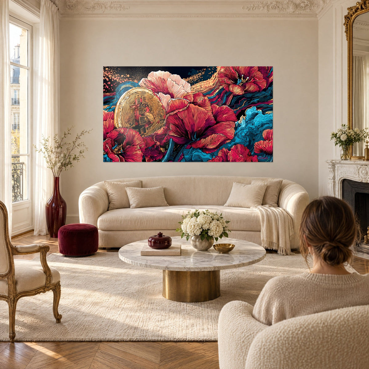 Cuadro con una moneda dorada grabada entre amapolas púrpura y rosa pálido sobre fondo azul noche, encima de un sofá en un salón luminoso