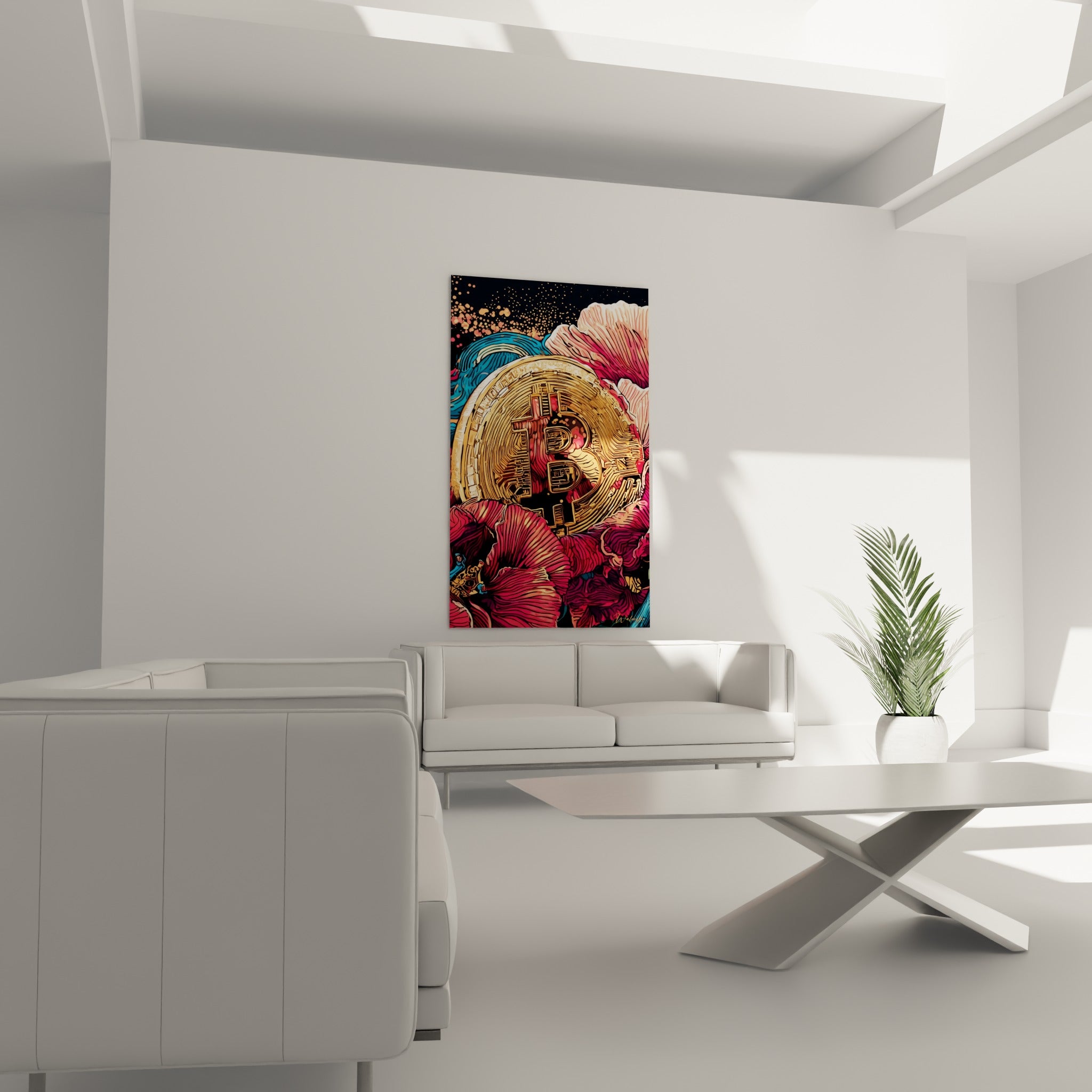 Pièce dorée aux pétales corail placée au-dessus d'un canapé dans un salon lumineux