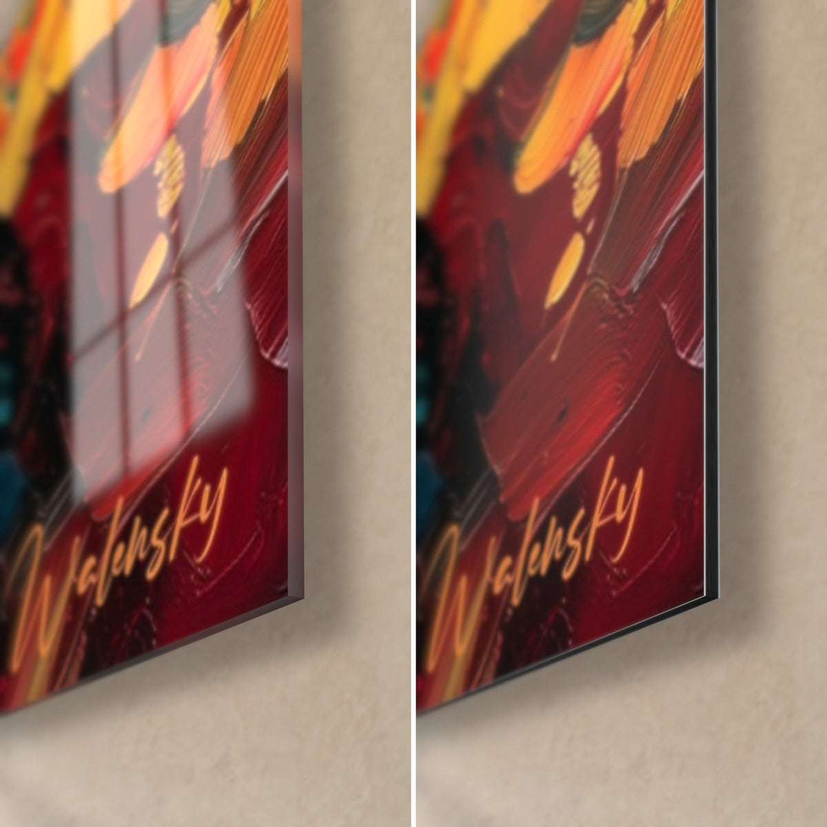 Schilderij met een gouden medaillon, rechtsonder: glanzend acrylglas met reflecties, mat Dibond-aluminium, rand van 3 mm, bordeauxrood en oranje