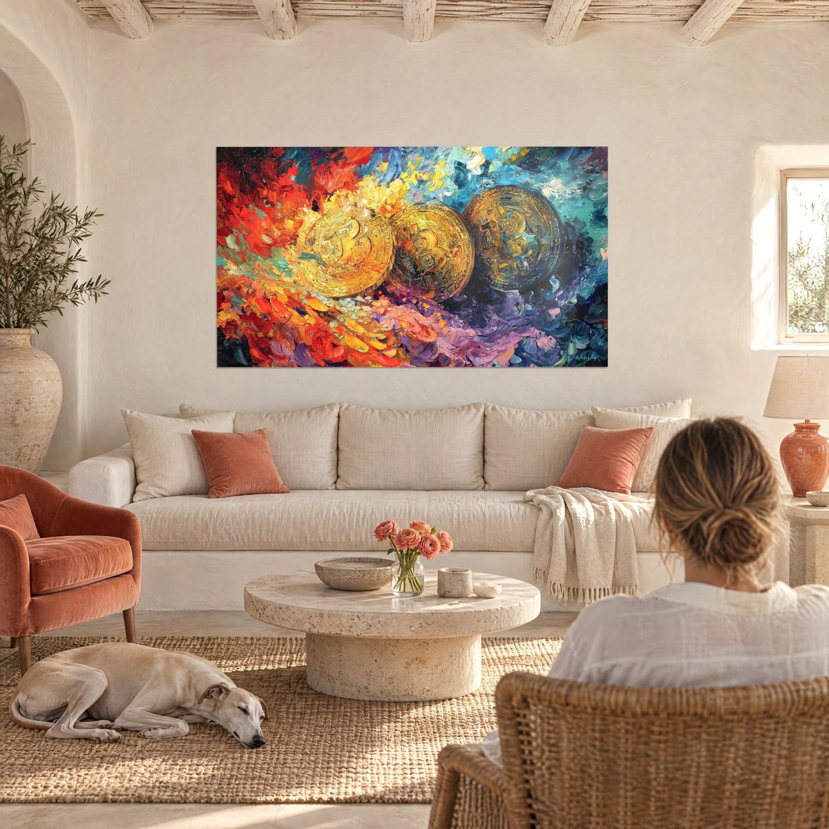 Tableau trois pièces dorées gravées sur fond de flammes rouges et de vagues bleues, un greyhound couché, au-dessus d'un canapé dans un salon lumineux