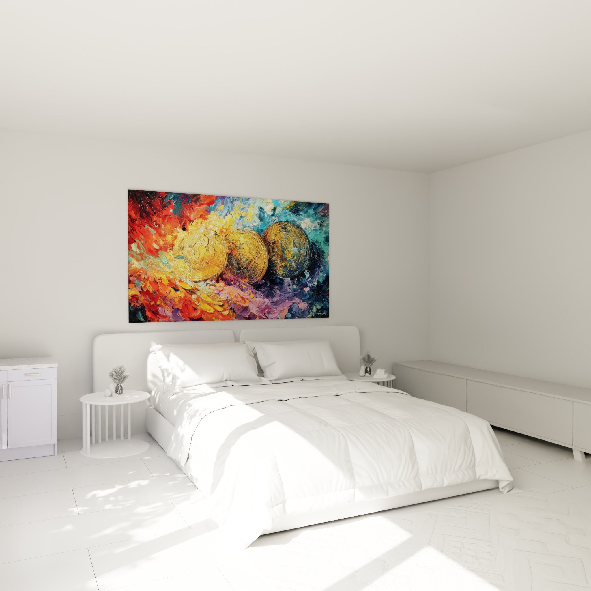 Pièces Bitcoin dorées aux flammes orangées et vagues turquoise, accrochées au-dessus d'un lit dans une chambre claire