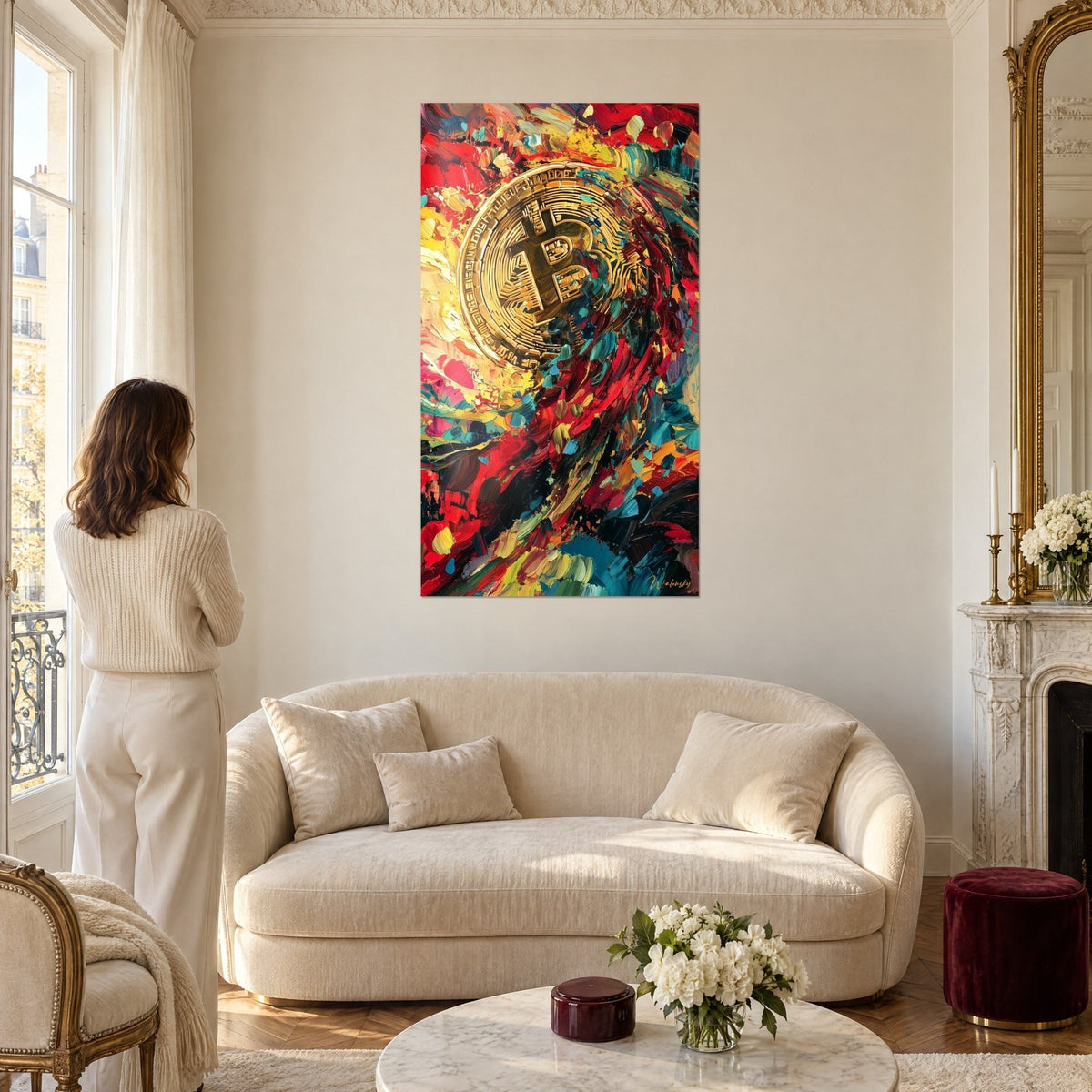 Quadro con moneta bitcoin dorata, vortici rosso vivo e turchese a pennellate di spatola, sopra un divano in un soggiorno luminoso