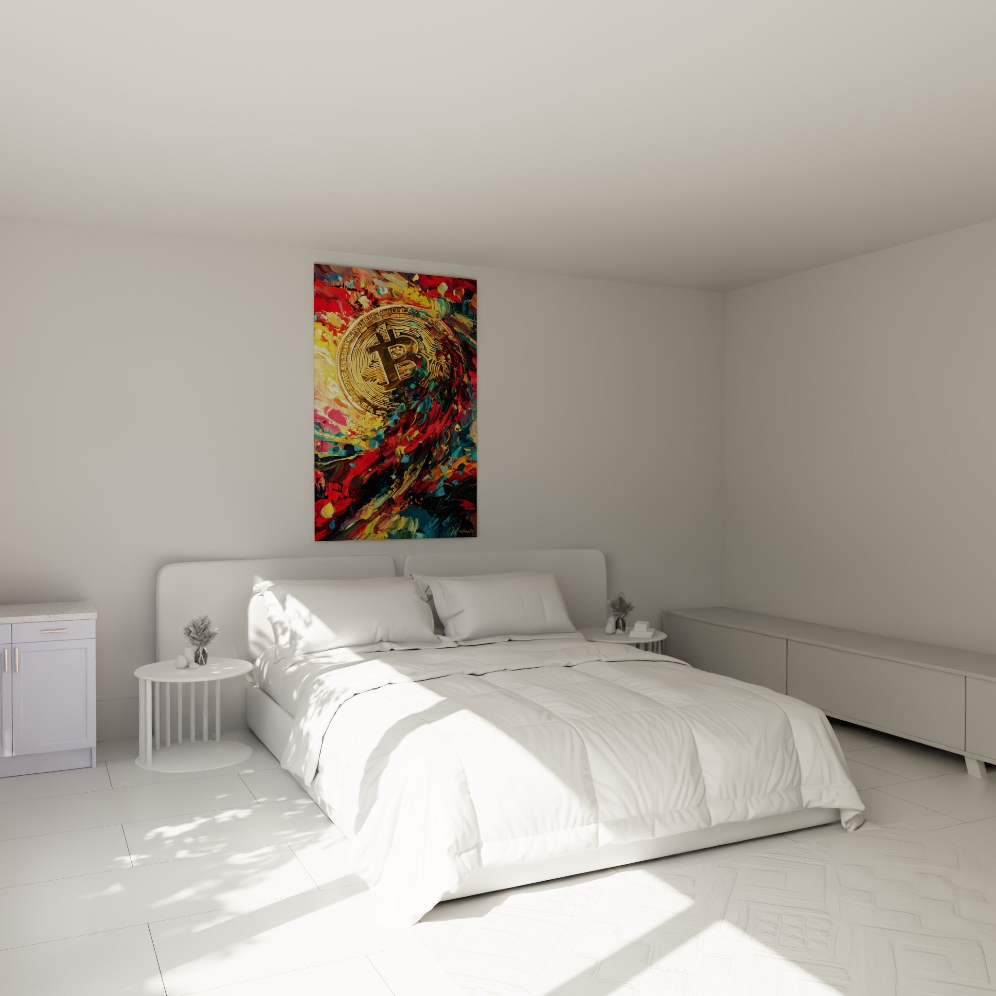 Symbole Bitcoin doré et rouge vif au-dessus d'un lit dans une chambre claire