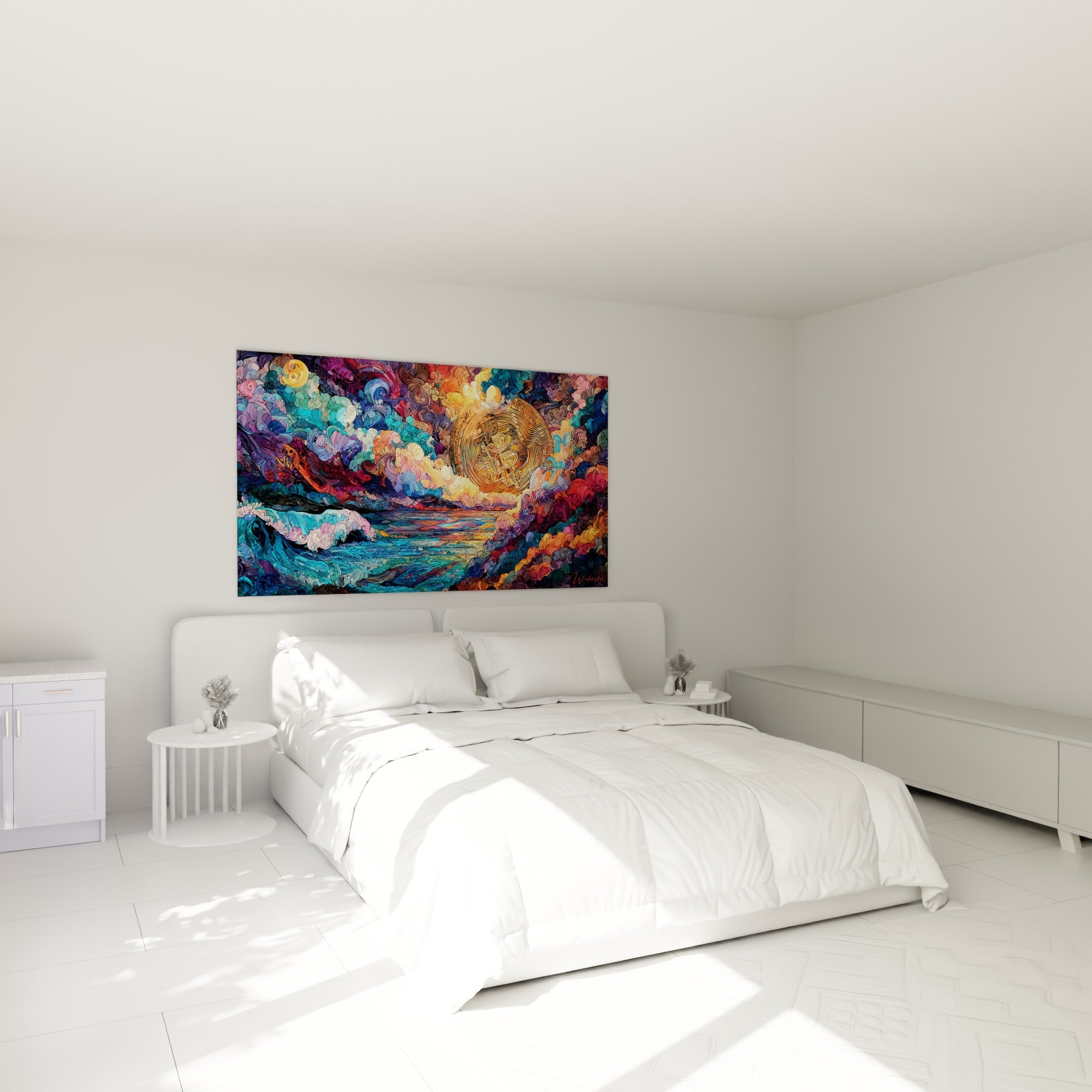 Vague Bitcoin ocre et bleu marine accrochée au-dessus d'un lit dans une chambre claire