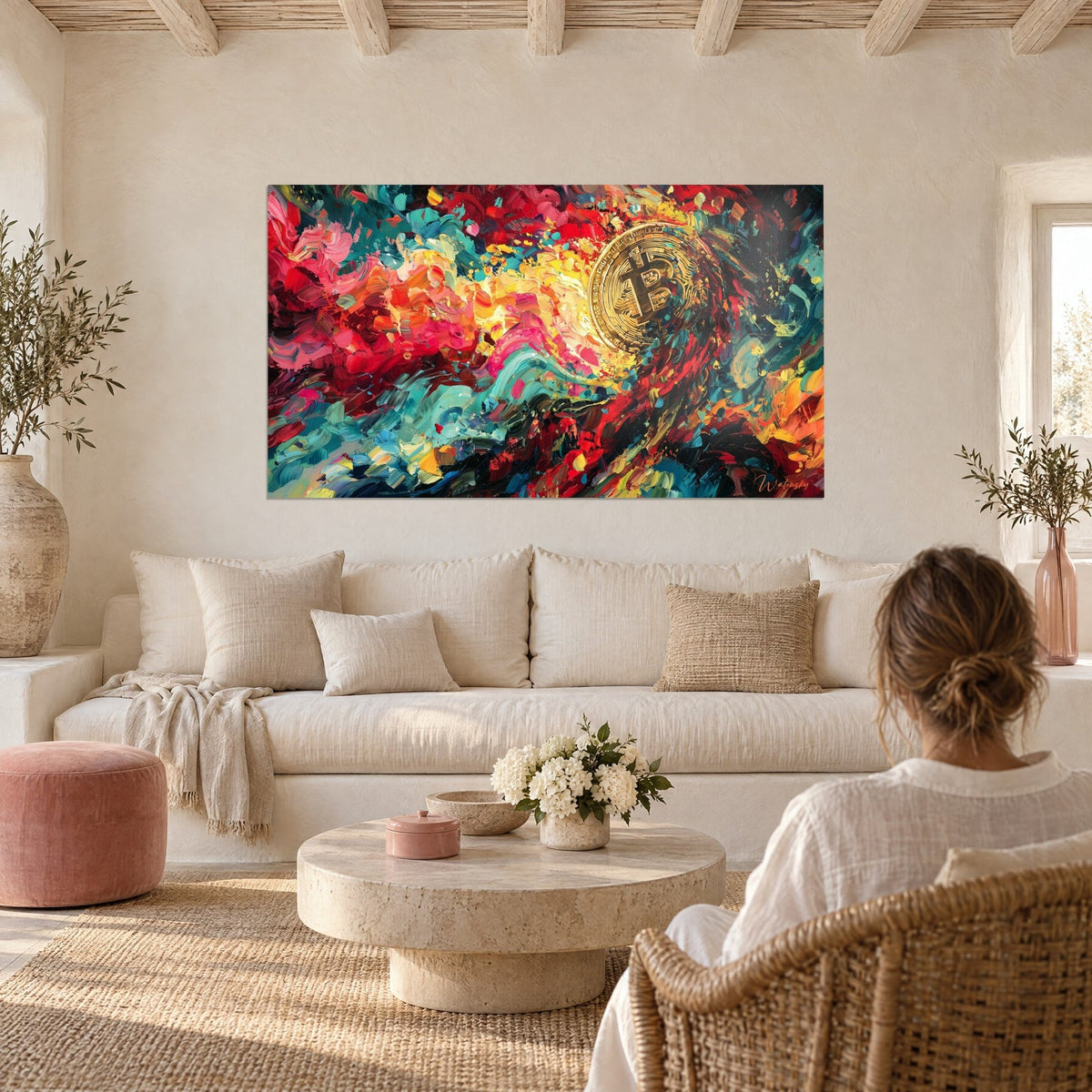 Tableau pièce dorée Bitcoin lancée dans un tourbillon de rouge et turquoise, coups de pinceau épais, au-dessus d'un canapé dans un salon lumineux