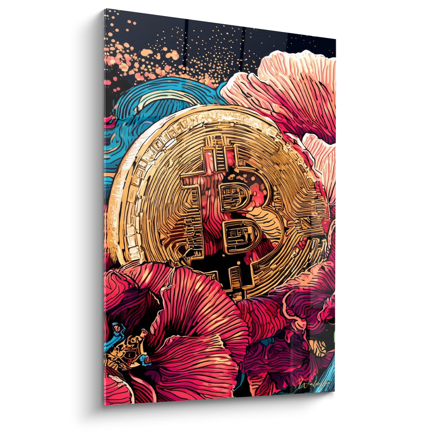 Golden Coin with Fuchsia Petals - Precious Bloom - Bitcoin Edition