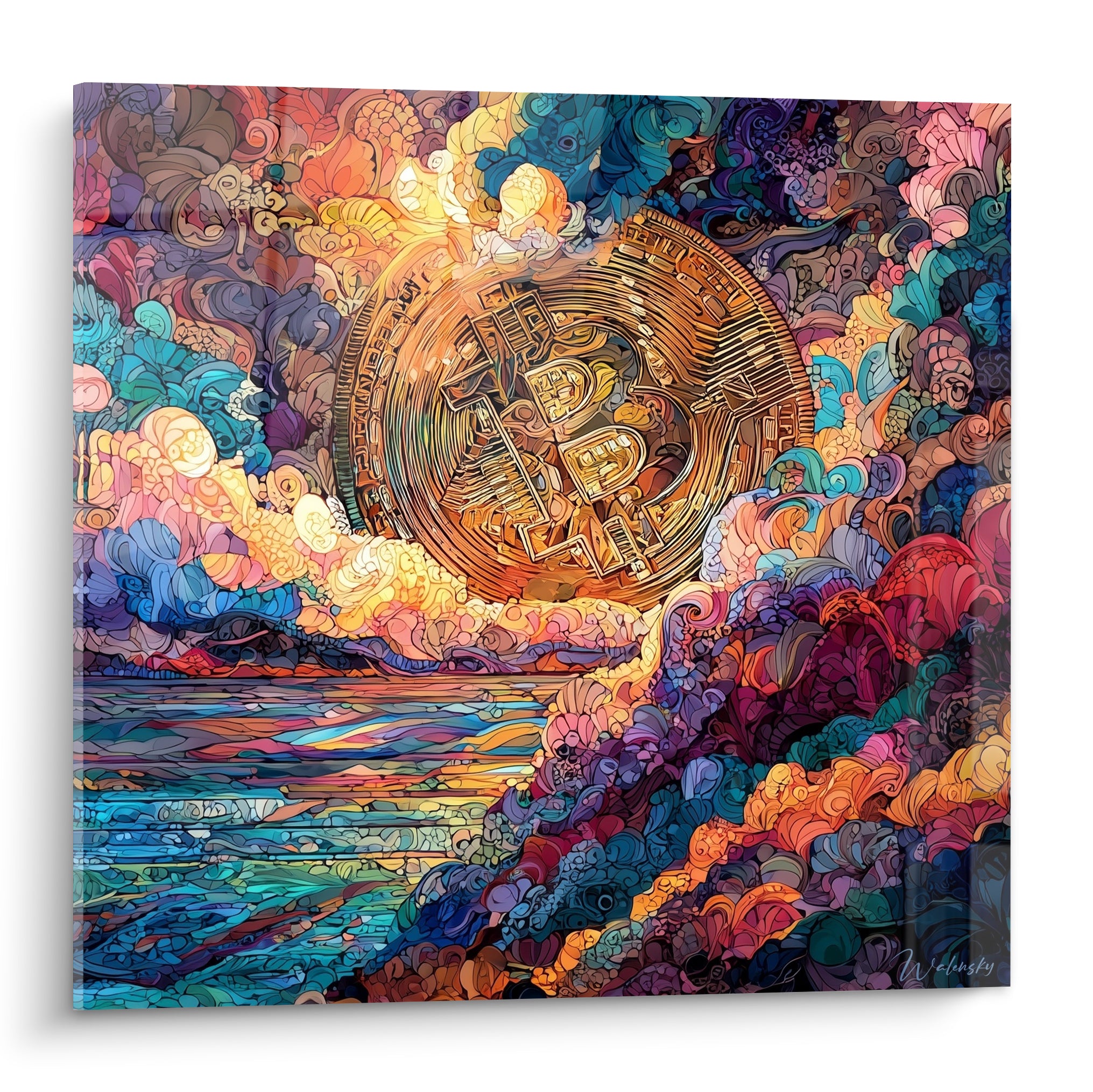 Pièce Bitcoin dorée émergeant d'un ciel turquoise et violet en motifs organiques stylisés