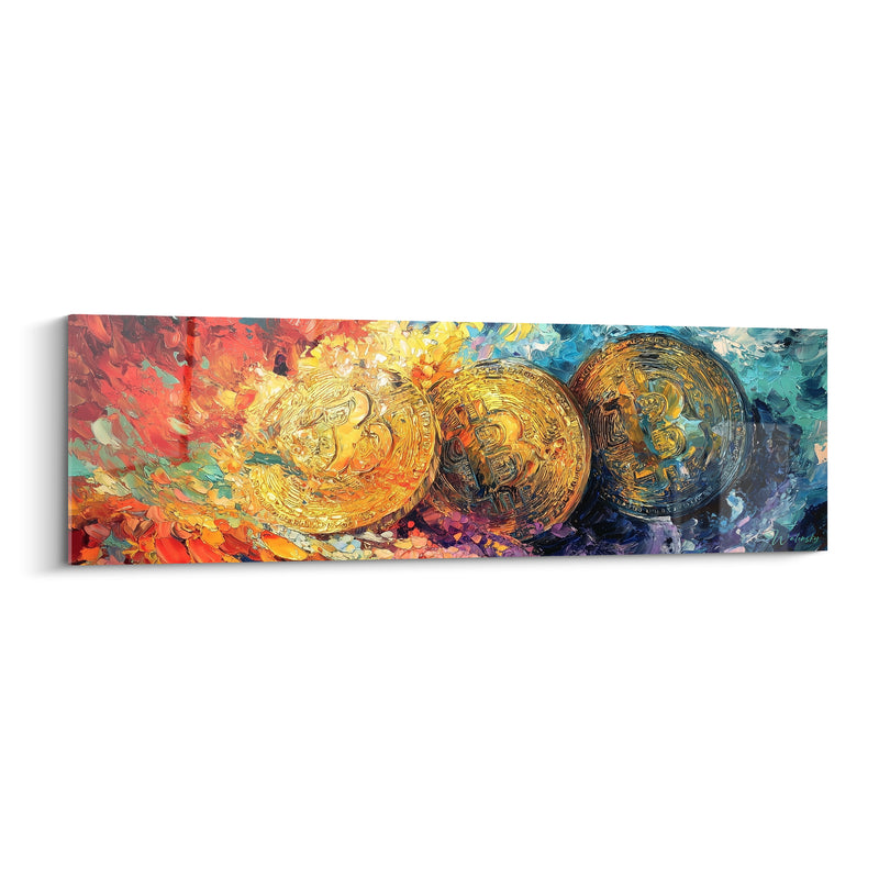 Tableau Pièces dorées aux fonds rouge et bleu - Éruption dorée - Edition Bitcoin