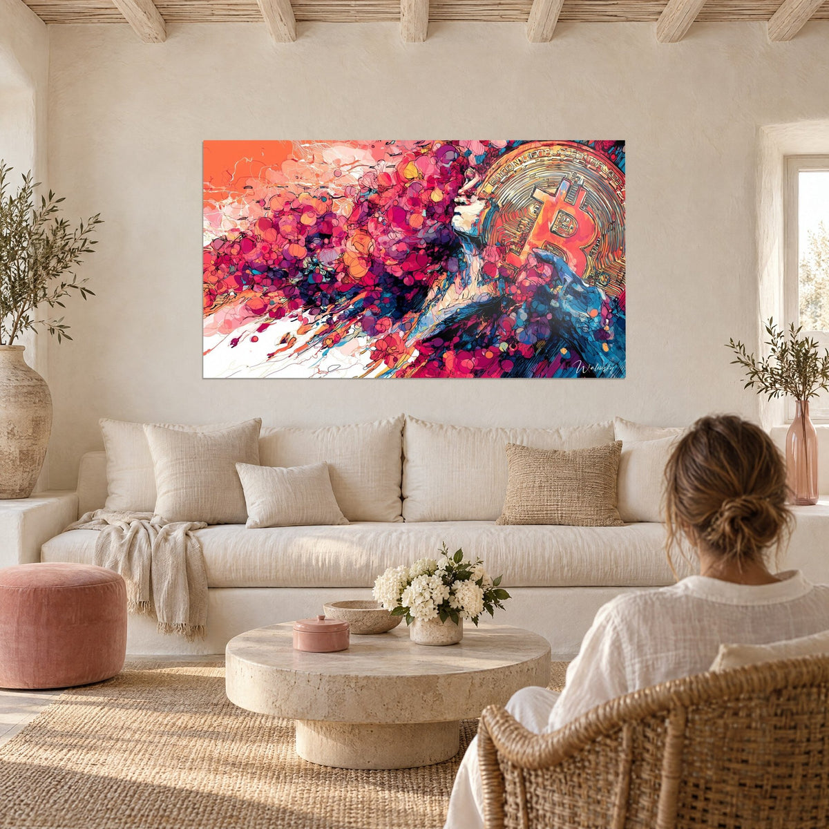 Tableau profil de femme aux mèches roses et dorées devant une pièce Bitcoin orange, au-dessus d'un canapé dans un salon lumineux