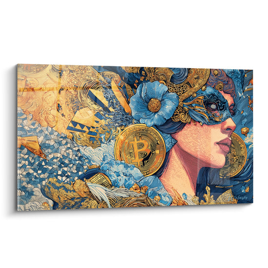 Cuadro Retrato Enmascarado Dorado y Azul - Icono Dorado - Edición Bitcoin