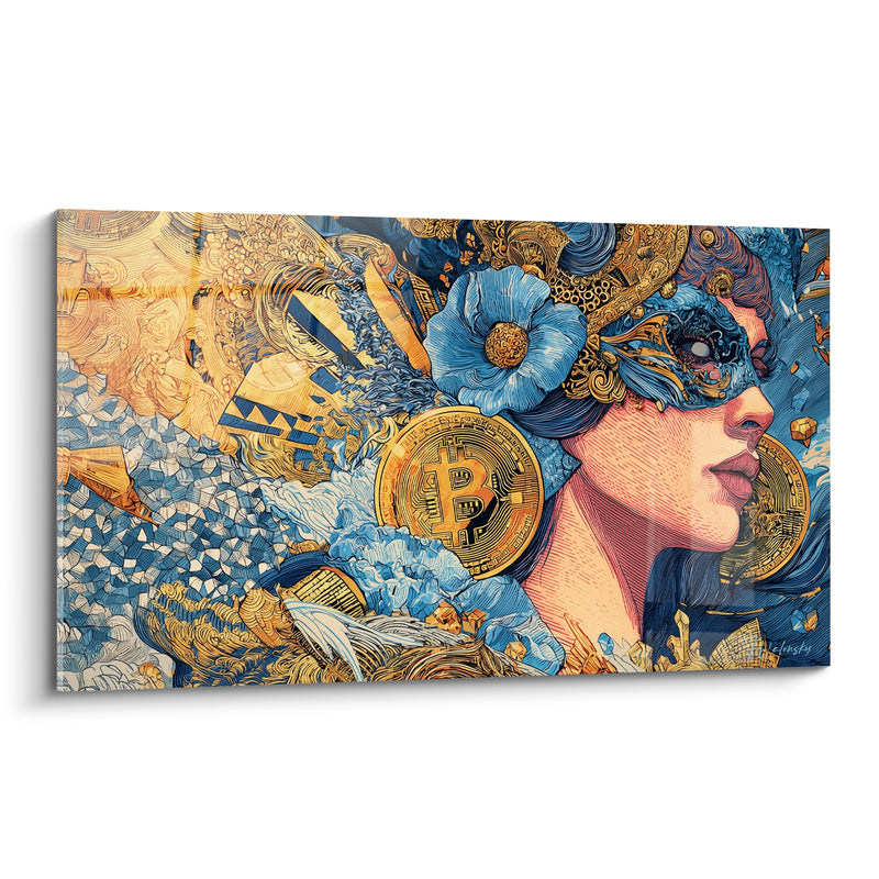 Tableau Portrait masqué doré et bleu - Icône dorée - Edition Bitcoin