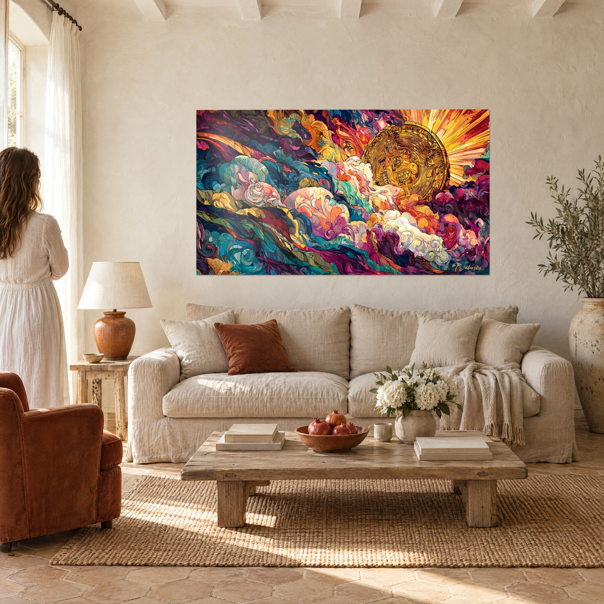 Tableau pièce bitcoin dorée surgissant de vagues turquoise et pourpre, rayons ambre, au-dessus d'un canapé dans un salon lumineux