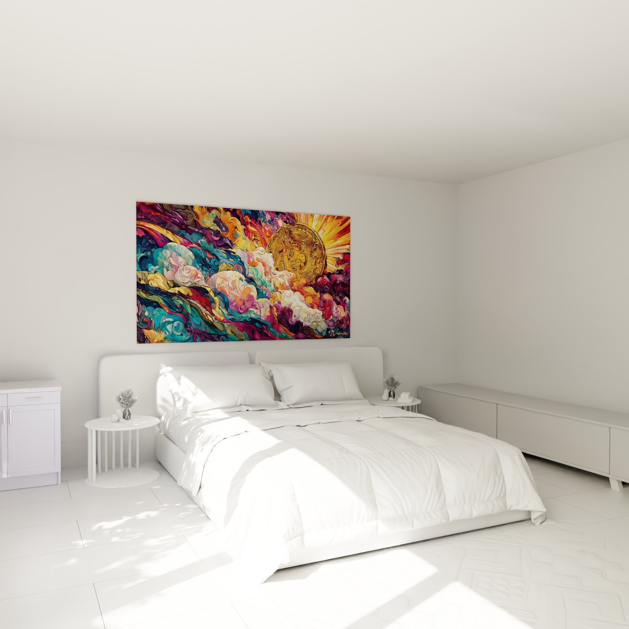 Disque Bitcoin doré et rayons orangés surplombant un lit dans une chambre claire