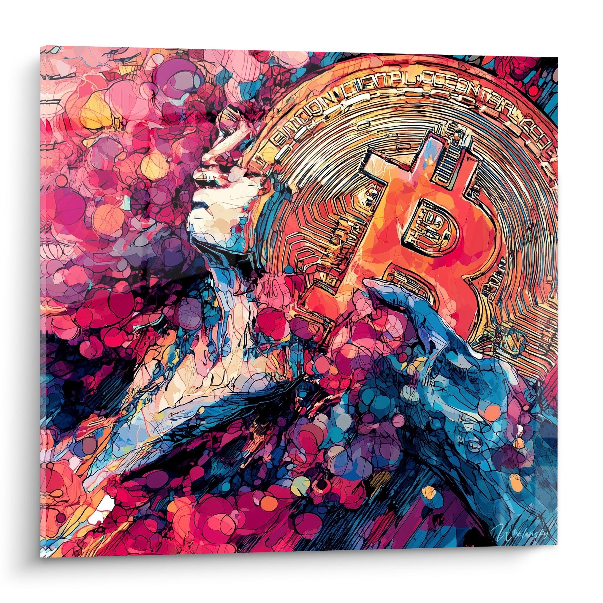 Visage renversé bleu marine et rose fuchsia face à une pièce Bitcoin dorée éclatante