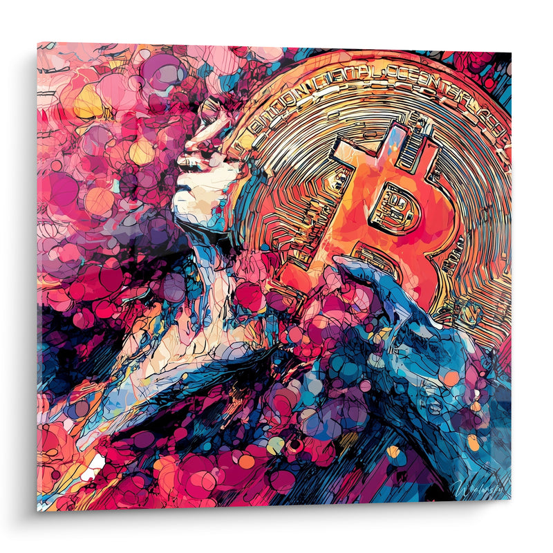 Tableau Silhouette rose et bleue à la pièce dorée - Révélation dorée - Edition Bitcoin