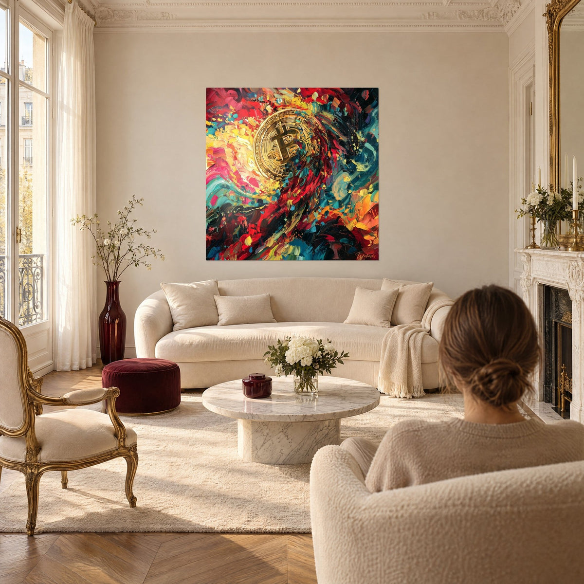Schilderij van een gouden Bitcoin-munt in een werveling van fel rood en turquoise, dikke penseelstreken, boven een bank in een lichte woonkamer