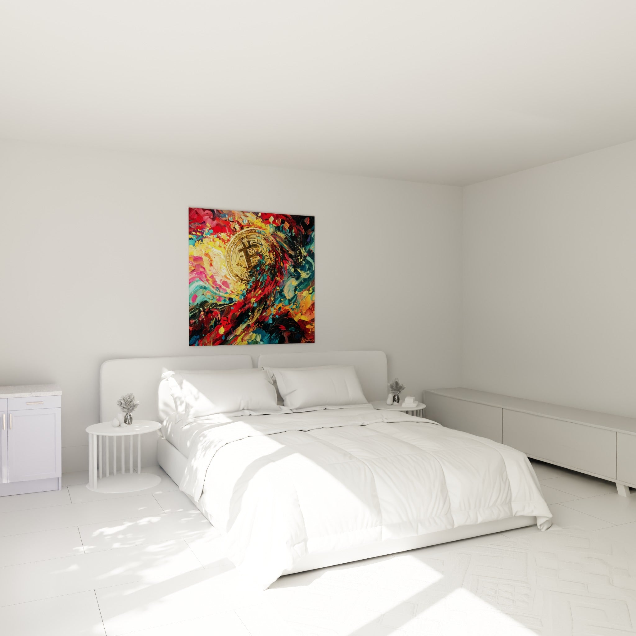 Symbole Bitcoin doré et rouge vif accroché au-dessus d'un lit dans une chambre claire