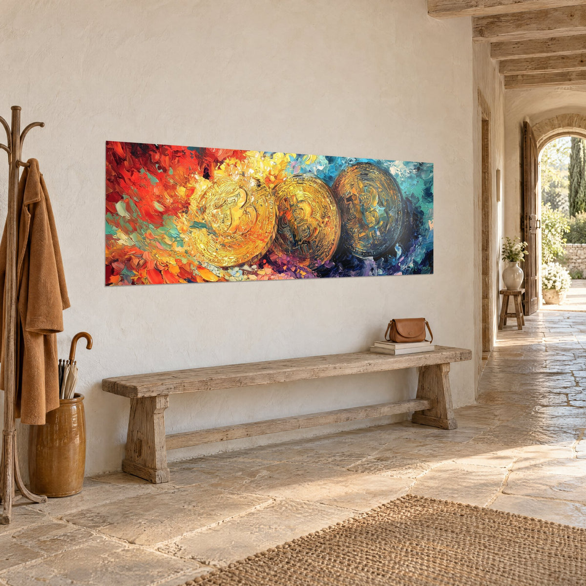 Tableau panoramique de médailles d'or à la pâte épaisse, rouge flamme et bleu nuit, sur un mur de pierre, vue de trois-quarts