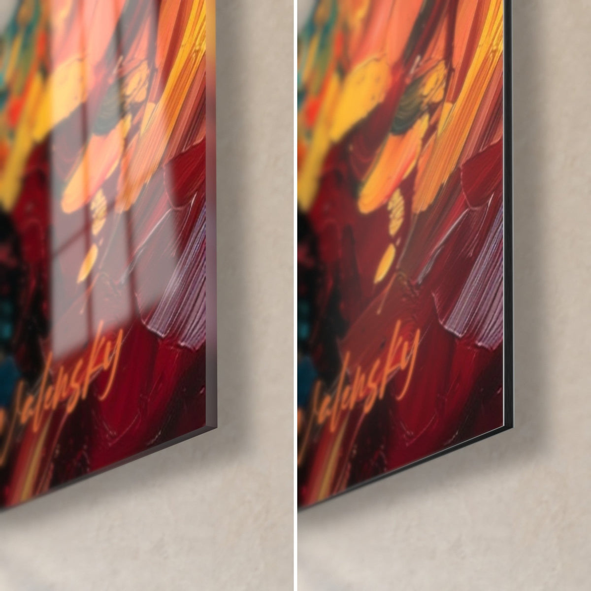 Tableau médaille Bitcoin dorée, coin bas droit : verre acrylique brillant aux reflets et Dibond noir mat, rouge profond, signature orange, tranche de 3 mm