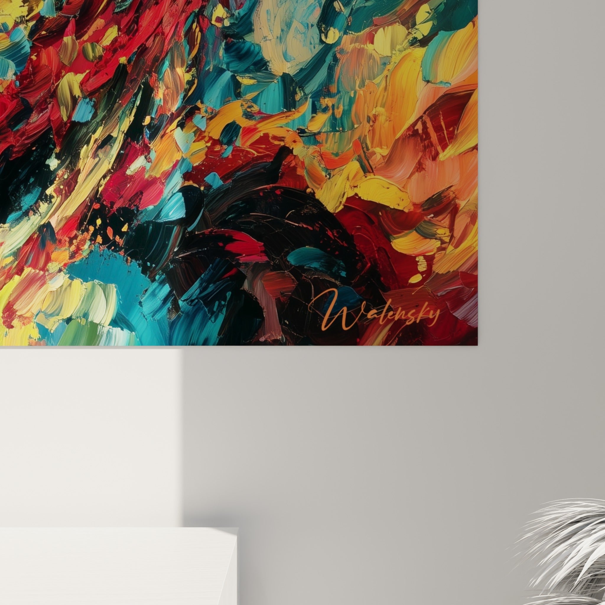 Empâtements épais rouge, turquoise et doré révélant la texture du couteau sur la toile Bitcoin