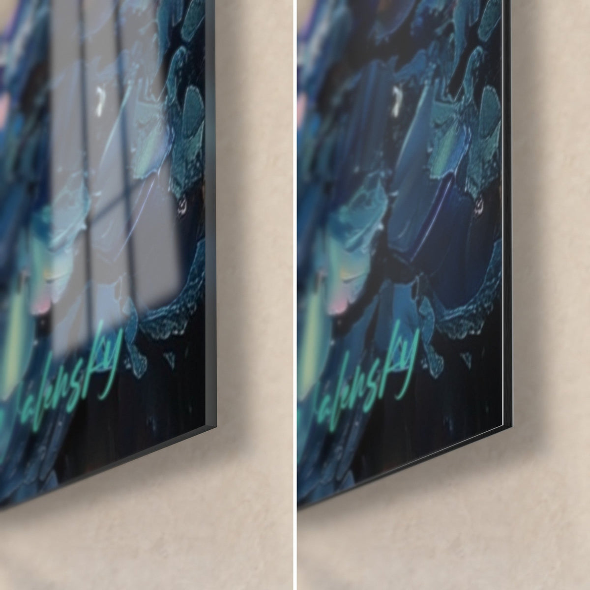 Tableau trois pièces d'or, coin bas droit : verre acrylique brillant aux reflets bleu nuit à gauche, alu Dibond mat à droite, tranche de 3 mm