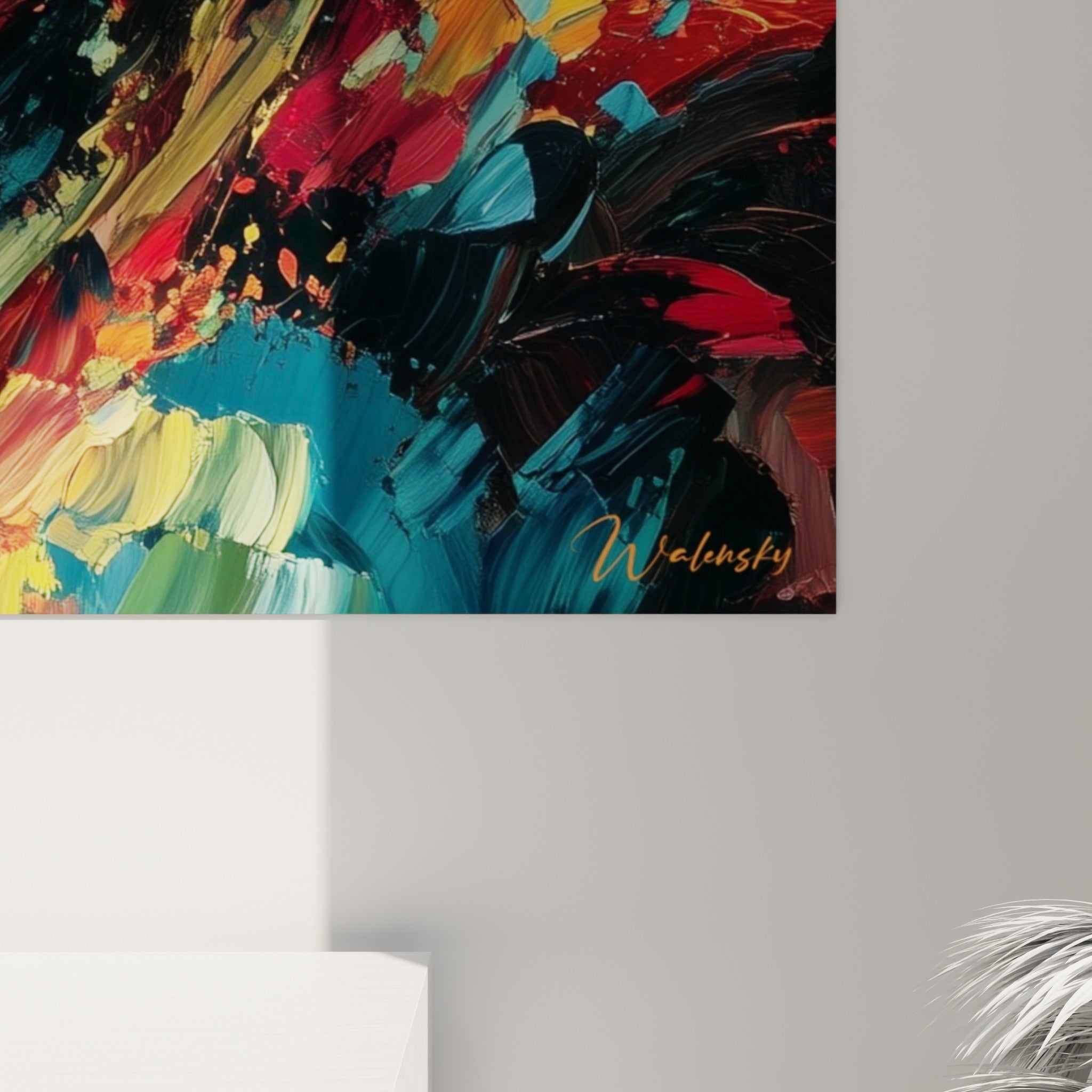 Empâtements dorés et coulures rouges du tableau Bitcoin révélant la matière peinte