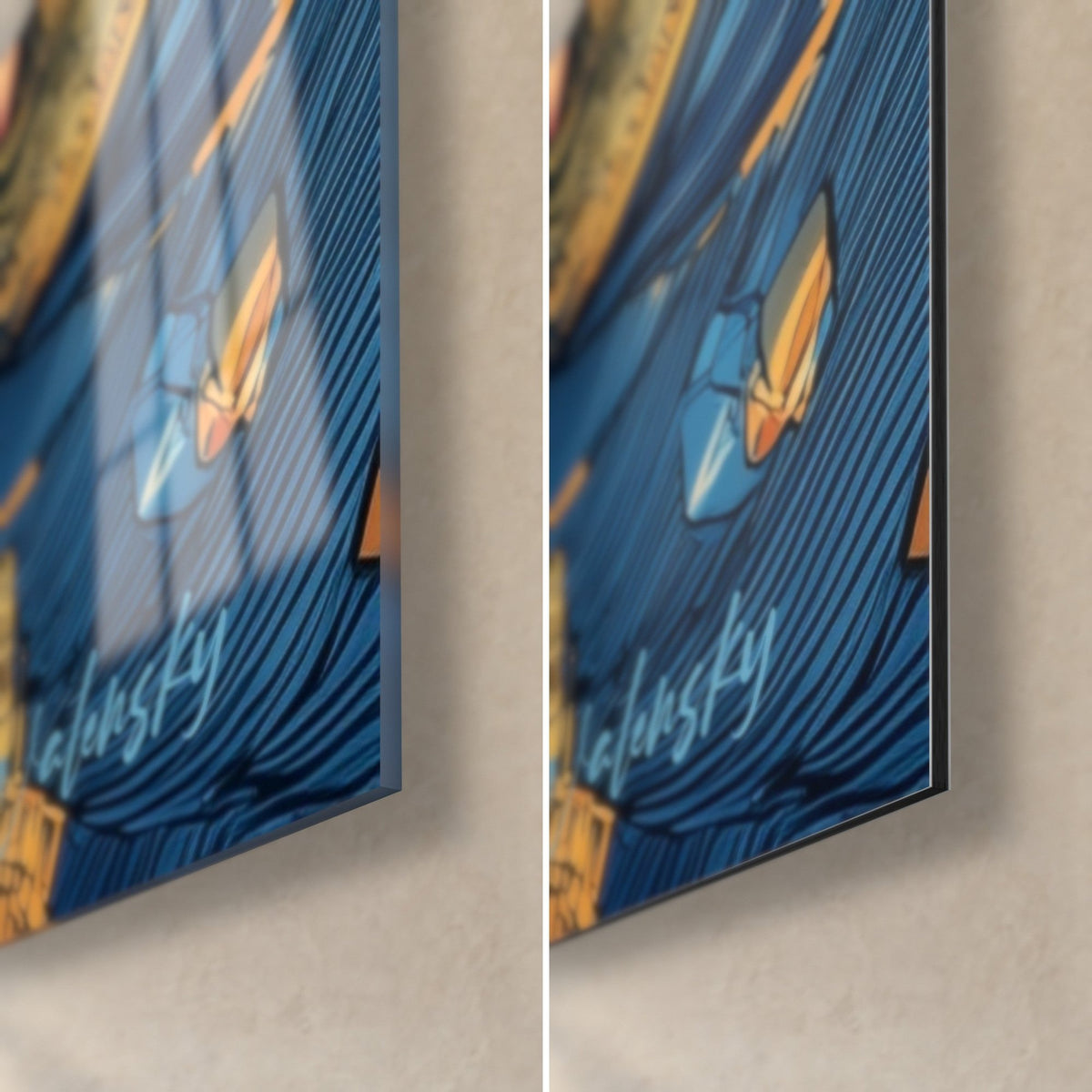 Tableau visage masqué à la fleur bleue, coin bas droit en verre brillant et alu Dibond mat, tranche de 3 mm visible