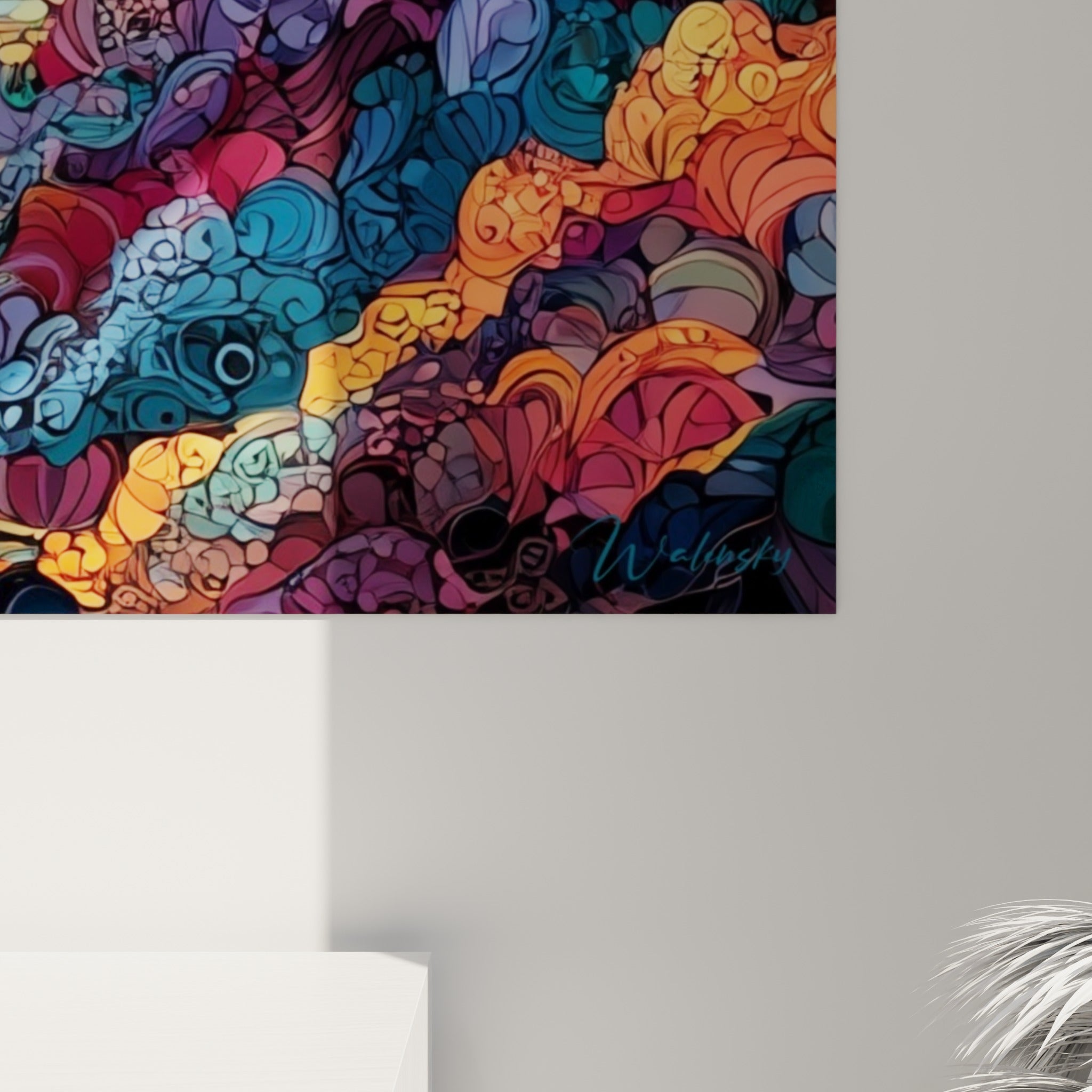 Détail de la mosaïque dorée et bleu marine du tableau Bitcoin, texture d'impression fine