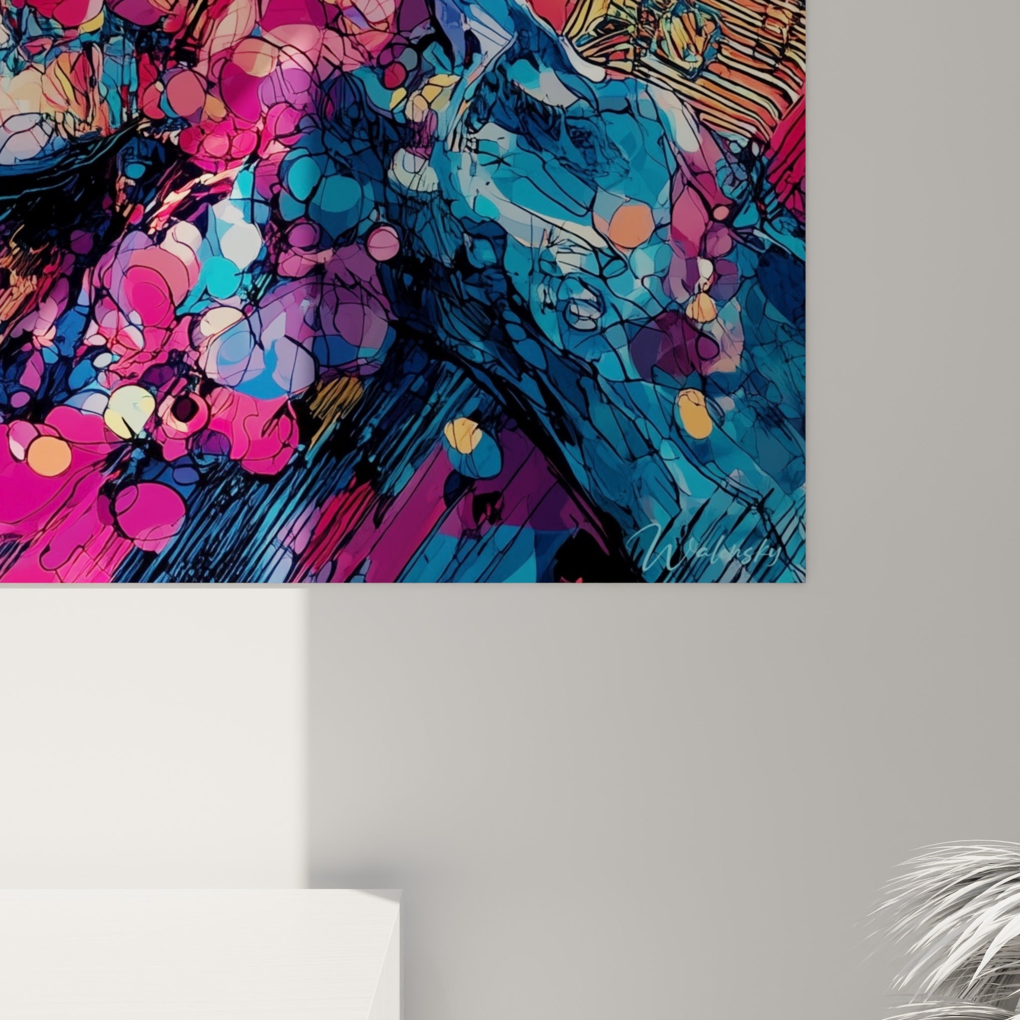 Grain pictural dense où bulles roses, bleu marine et empâtements dorés se fondent sur ce tableau Bitcoin