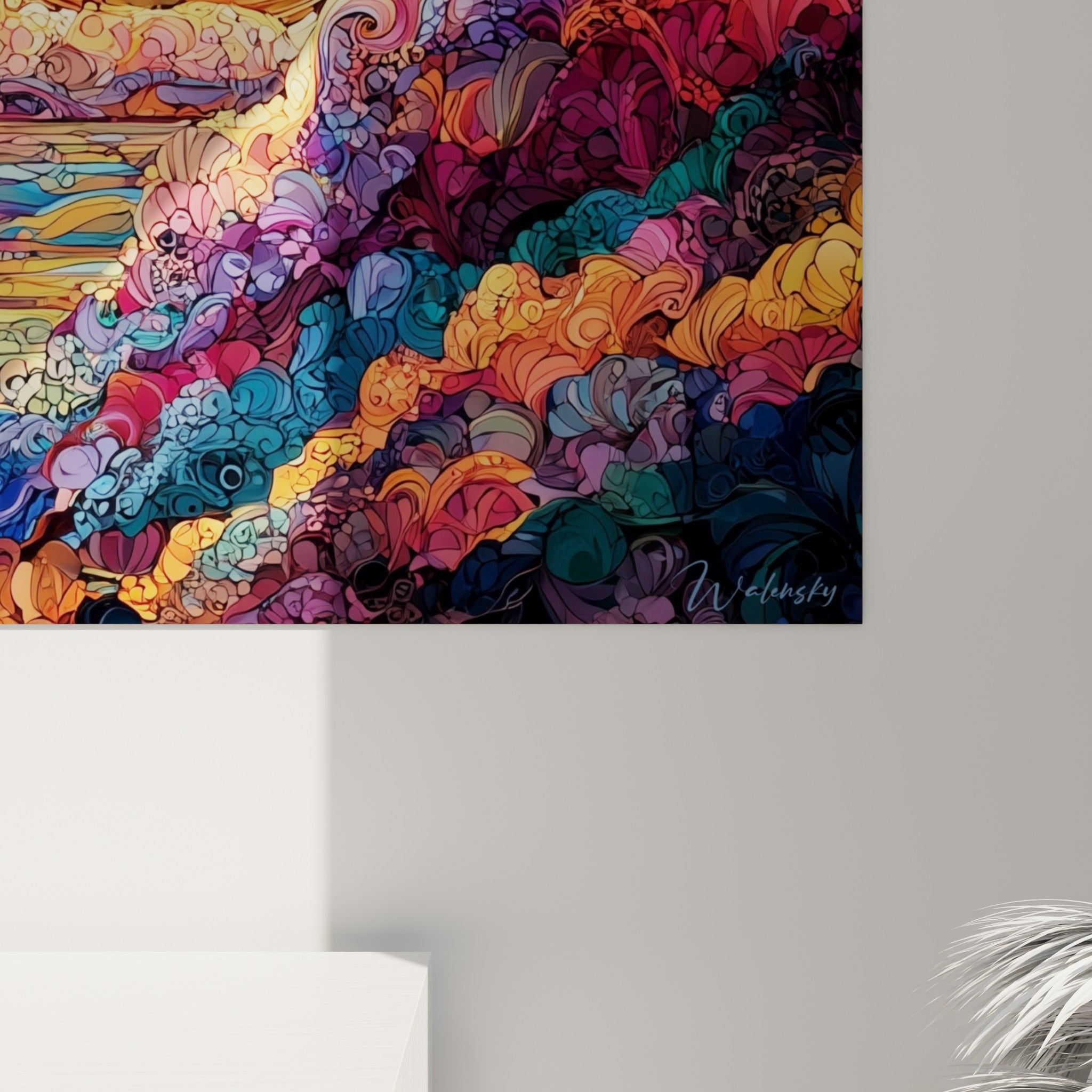 Empâtements colorés bleu turquoise, violet et doré révélant la texture graphique proche du vitrail sur ce tableau Bitcoin