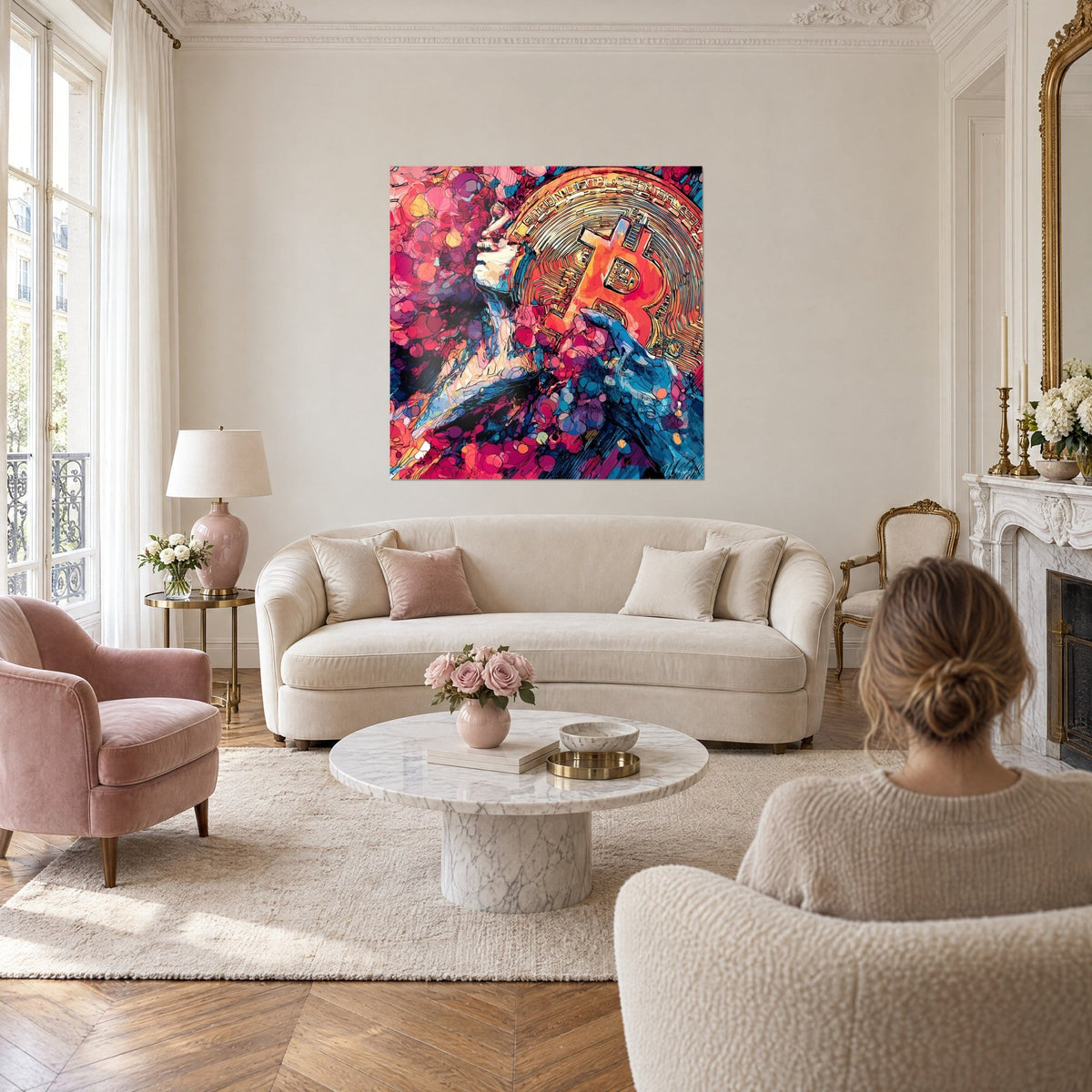 Tableau profil rose et bleu face à une pièce dorée géante, cadre carré, une femme de dos, au-dessus d'un canapé dans un salon lumineux