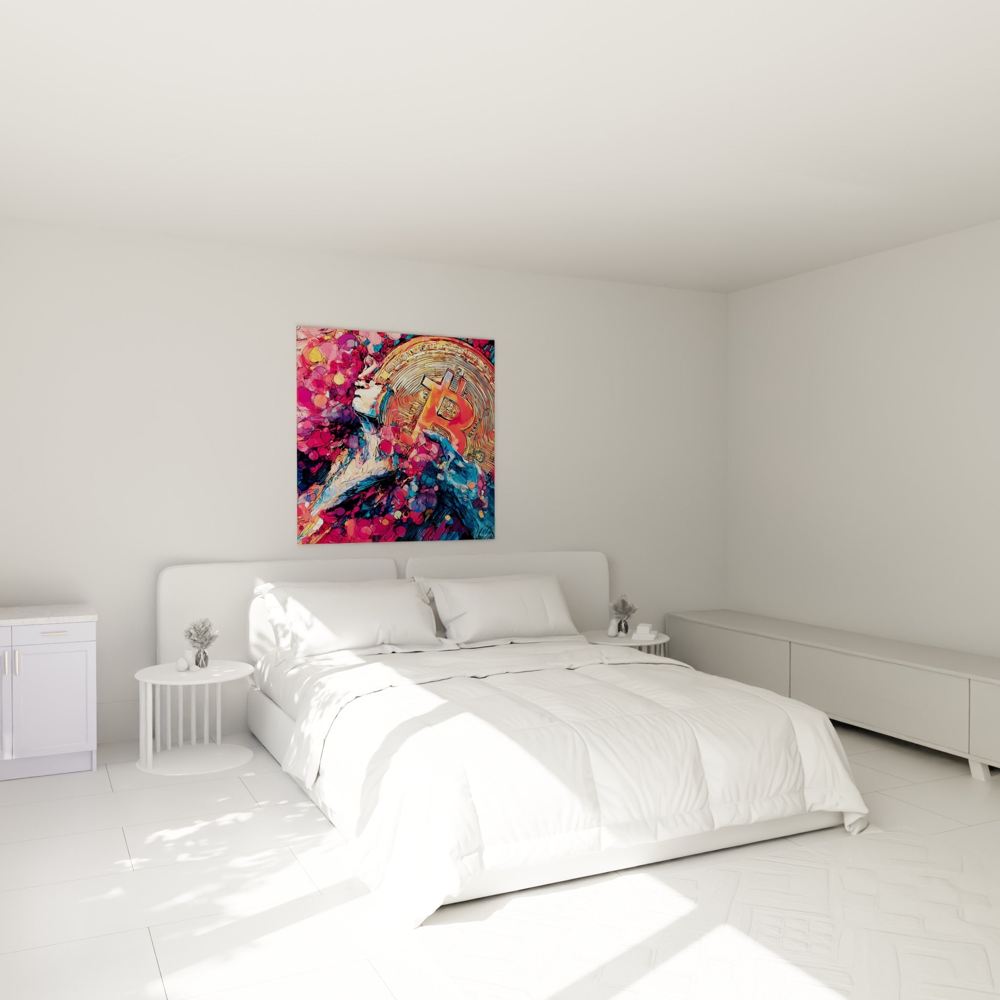 Silhouette rose et bleue tendue vers une pièce Bitcoin dorée, au-dessus d'un lit dans une chambre claire