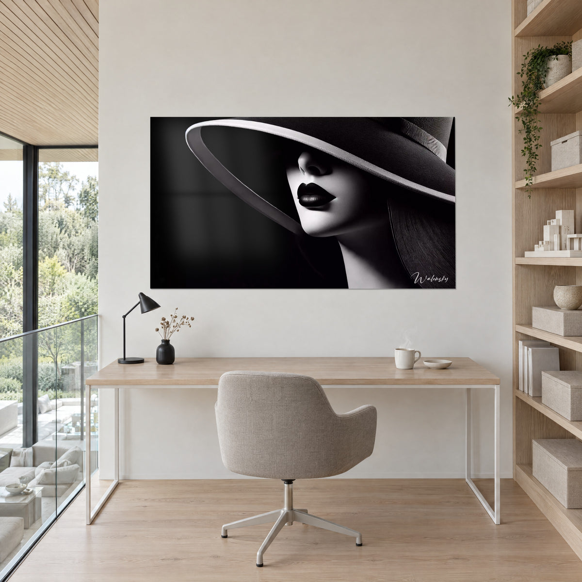 Cuadro de una modelo con sombrero de cinta, boca negra, tez de porcelana sobre fondo de tinta, pared beige, escritorio de madera clara
