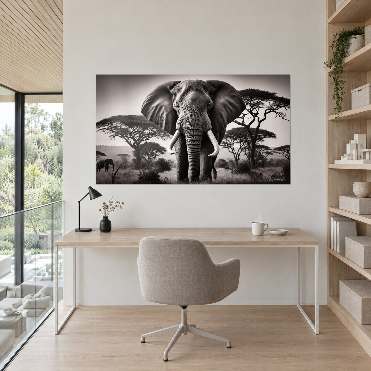 Cuadro retrato de elefante macho en blanco y negro, piel arrugada gris profundo, cielo pálido, frente a un escritorio de madera clara