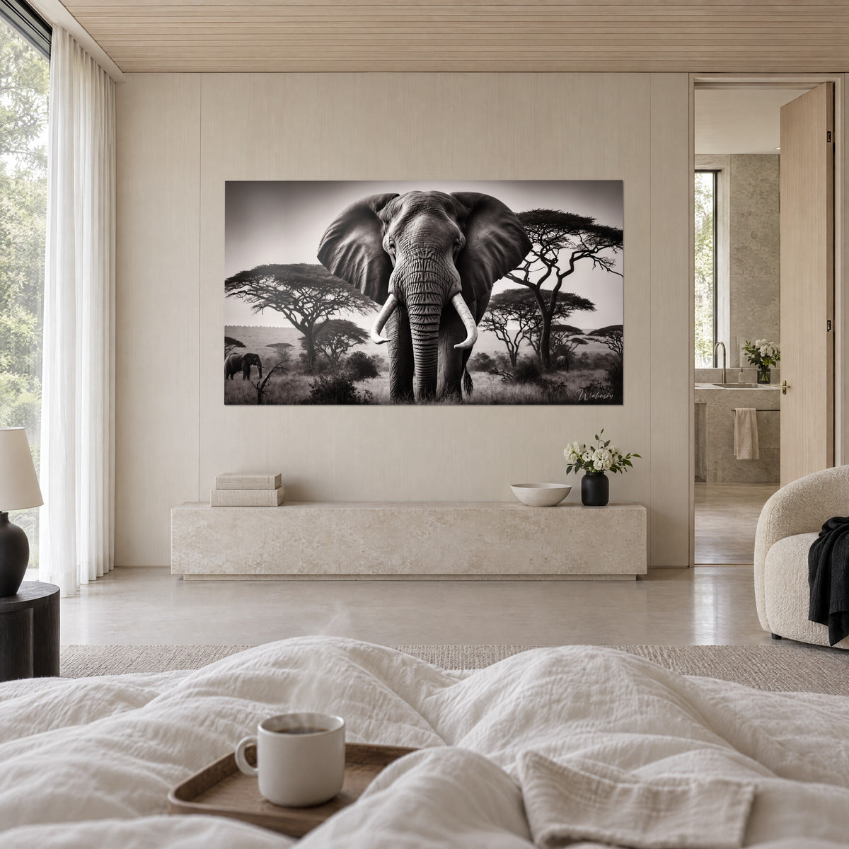 Cuadro de mastodonte de la sabana, trompa arrugada gris perla, fondo sepia, sobre una cama en un dormitorio luminoso