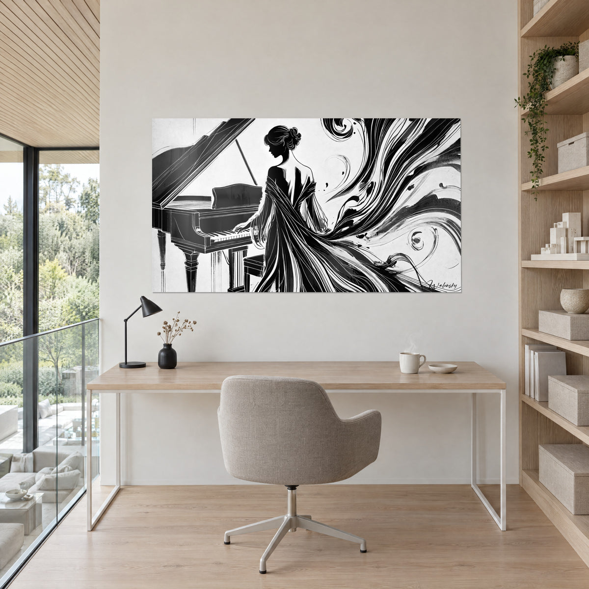Schilderij vleugelpiano en danseres in inkt, diep zwart tegen puur wit, opgehangen boven een bureau van licht hout