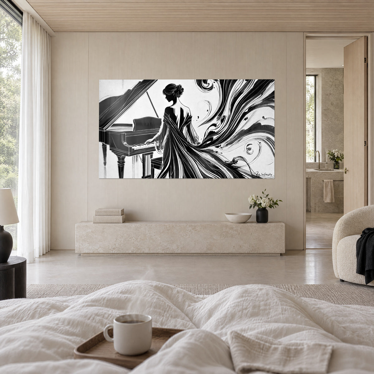 Schilderij elegante pianiste, zwarte jurk als een inktspoor op witte achtergrond, boven een bed in een lichte slaapkamer