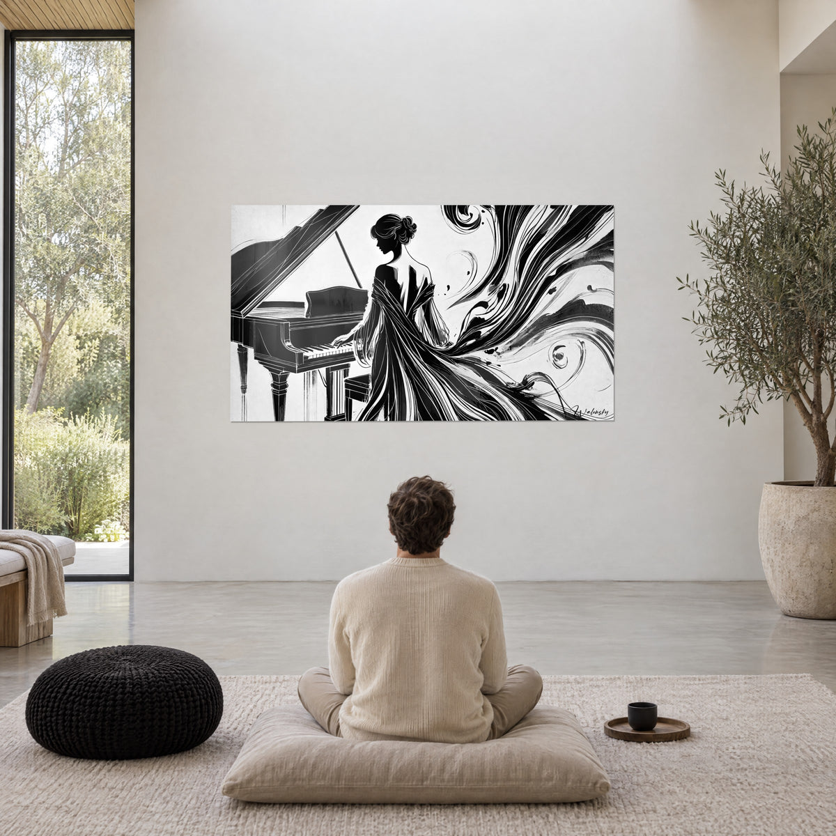 Schilderij pianiste in profiel met knot, zwarte en witte kronkels in een wervel, bekeken vanaf een meditatiekussen