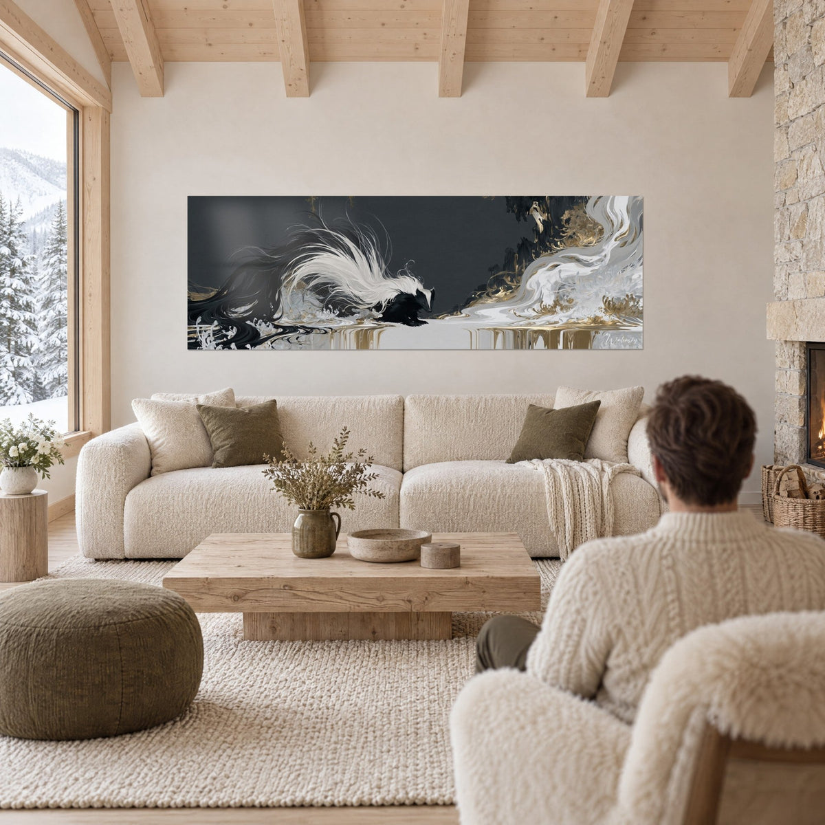 Wall art badger with white foamy tail, slate black background and gold swirls, above a sofa in a bright living room