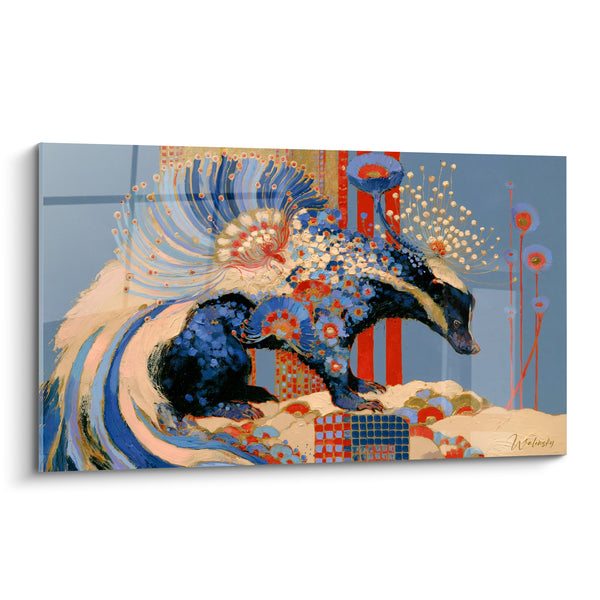 Tableau Blaireau bleu marine aux motifs floraux corail - Vague fleurie - Edition Blaireau